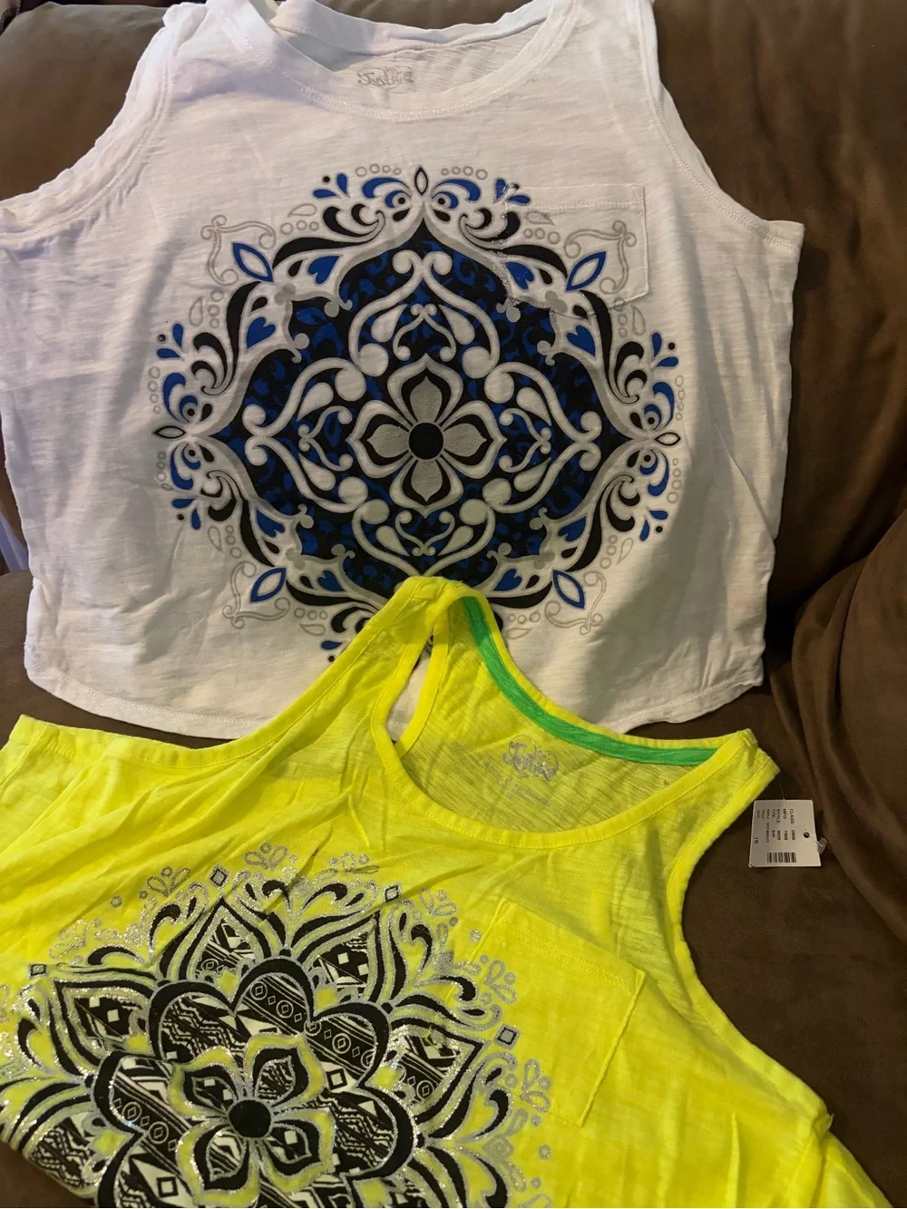 2 Justice Graphic Mandala Tank Tops - White & Neon Yellow